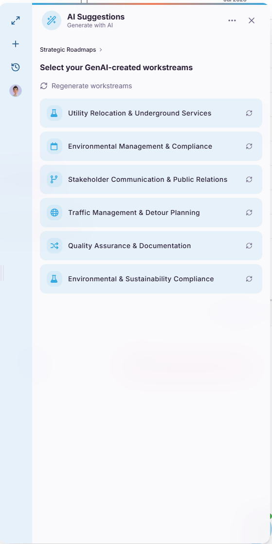 Screenshot showing AI suggestions for new workstreams in Proggio, triggered by clicking the stars ✨ icon.