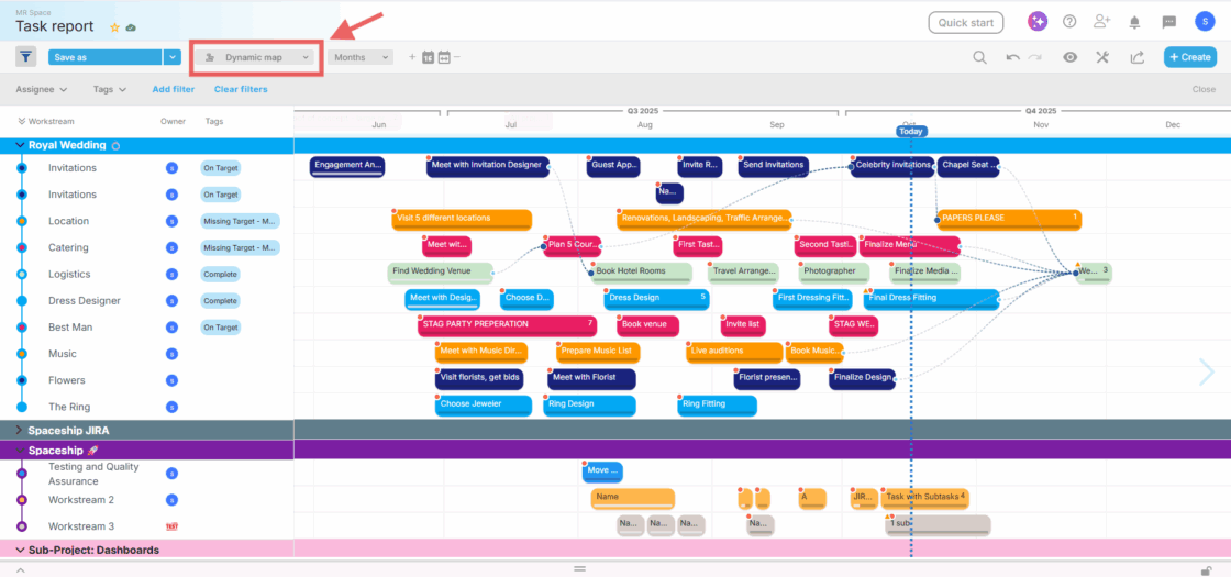 Dynamic Map view showing a timeline of all scheduled tasks with start and end dates