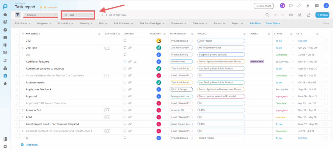Task Report in List view showing all tasks across the portfolio