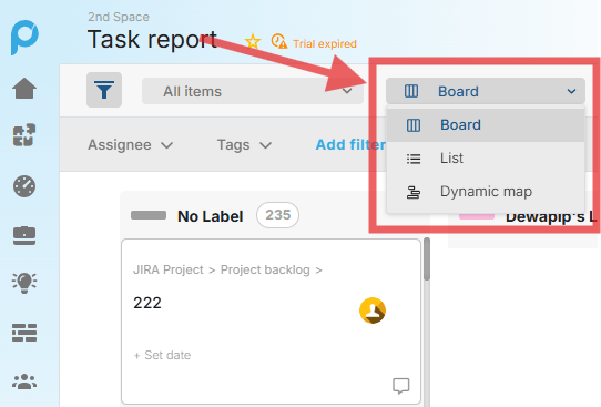 Task Report view options: List, Board, and Map with filter and view selection highlighted