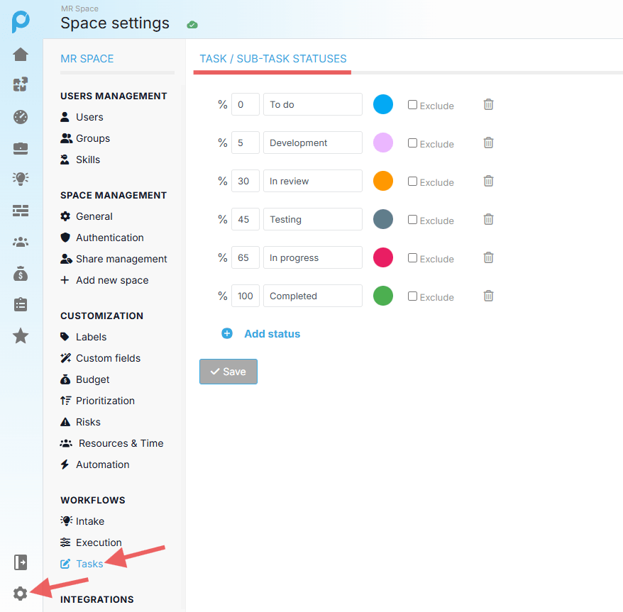 Task status percentage settings in Proggio