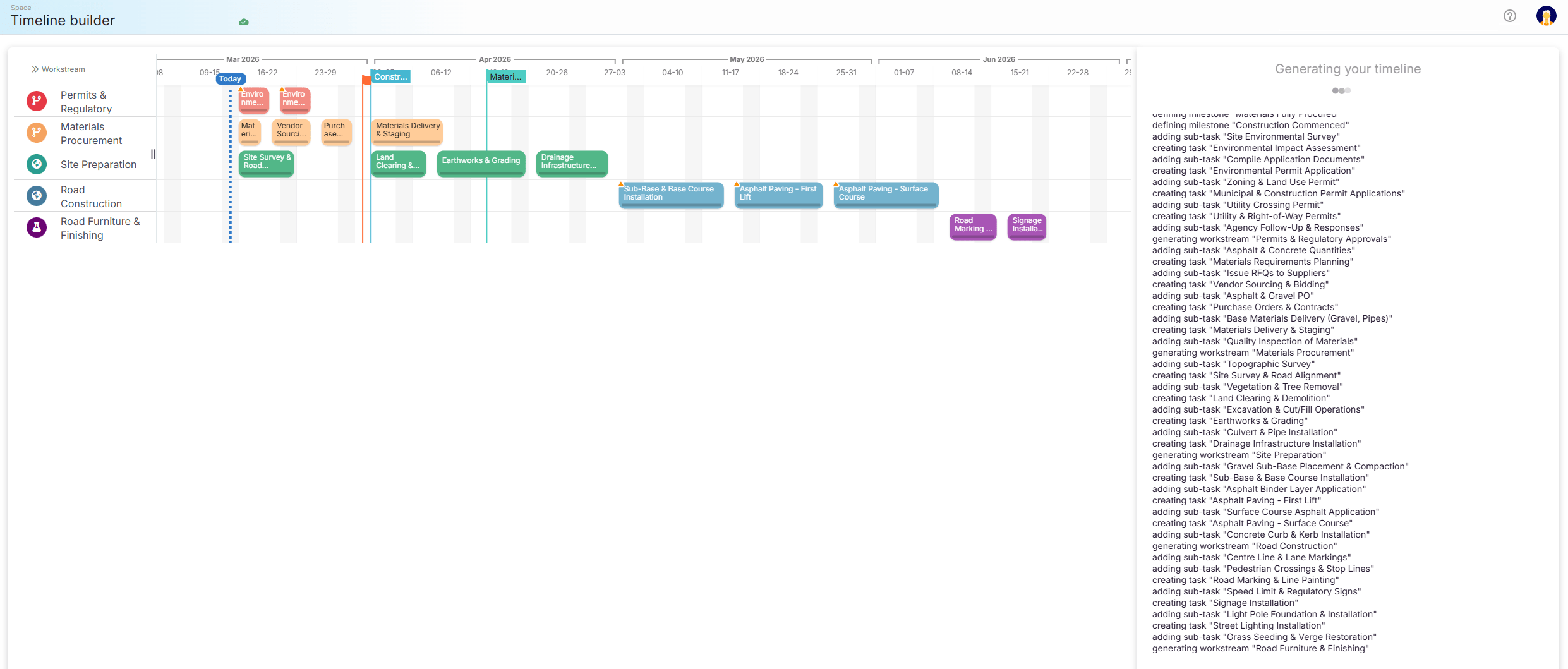 Screenshot of Timeline GPT in action, showing a split layout with the ProjectMap™ timeline on the left and the AI chat window on the right.