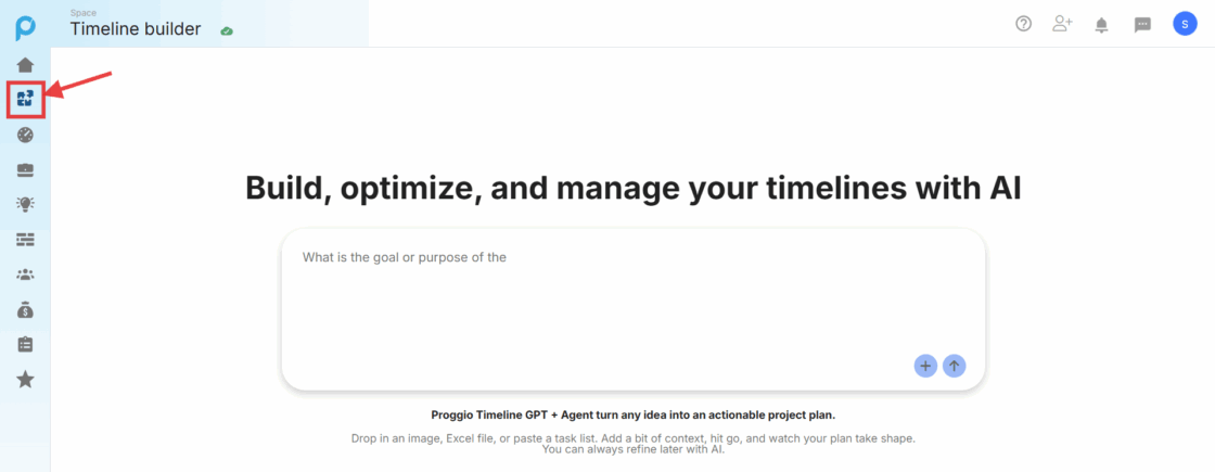 Screenshot of the Timeline GPT AI builder in Proggio for registered users, showing the chat interface.