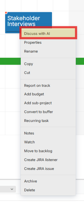 Right-click menu in Proggio showing 'Discuss with AI' option for any task