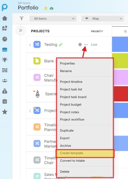 Three-dot context menu over a project in Portfolio view with Create Template option