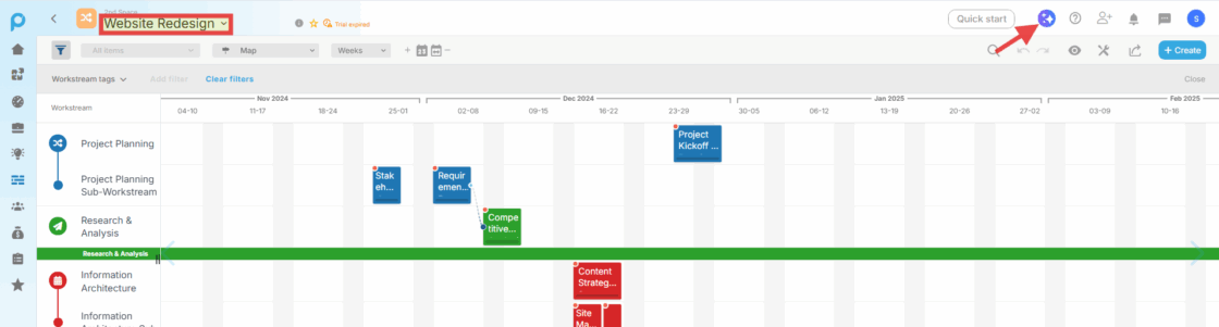 Proggio project view highlighting the colored stars icon to access AgenticAI