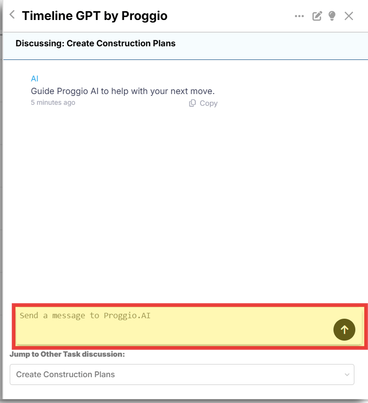 Proggio AI chat window showing the 'Send a Message to ProggioAI' interface for entering a prompt