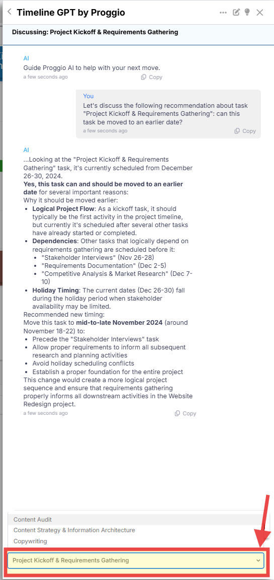Proggio AI panel showing dropdown to switch between task discussions