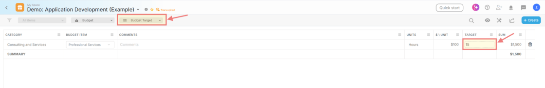 Proggio Budget Target view showing categories, budget items, units, $ per unit, target amounts, and sum totals for the project