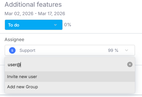 Task assignee dropdown in Proggio with an option to invite a new user directly from a task