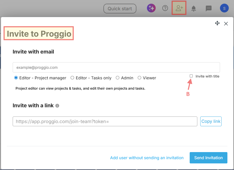 User profile settings in Proggio showing role, skills, name, and profile picture configuration