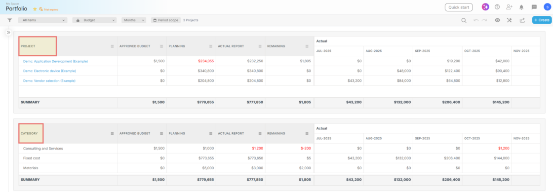 Proggio Portfolio Budget Structure showing top section with project-level budget summaries and bottom section with category-level totals across all projects