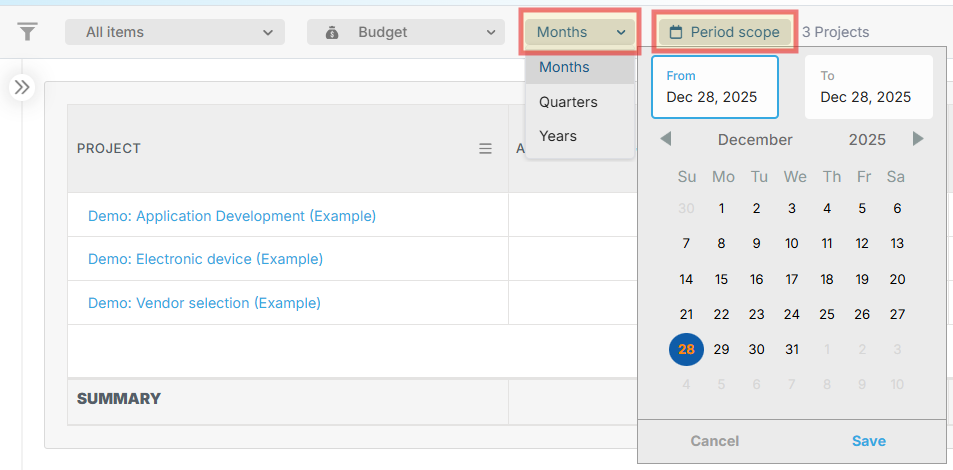Portfolio Budget view showing timeframe and period scope dropdown menus for controlling which months, quarters, or years are displayed