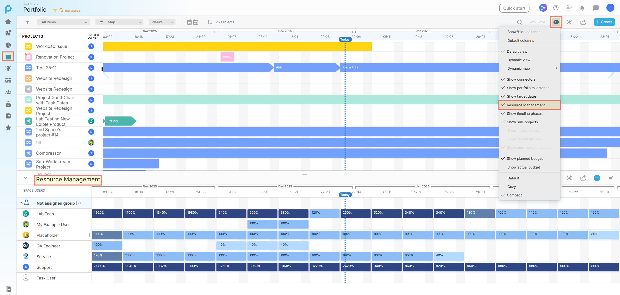 Split-screen view of Portfolio Timeline with Resource Management heat map on the bottom, showing team workload across weeks