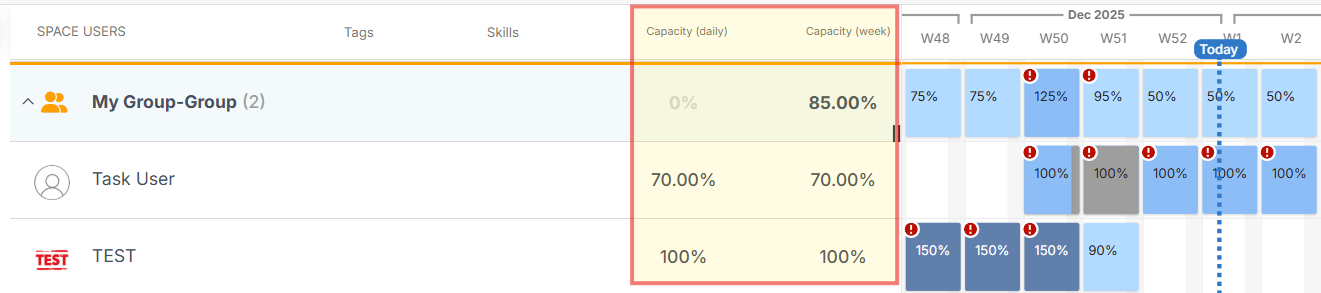 Resource Management side panel in Proggio showing daily workload capacity configuration for users and groups