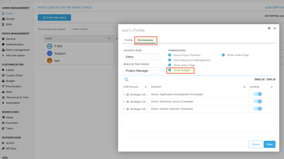 User permissions panel in Proggio showing Budget access toggle to enable or restrict a user's ability to view and manage budgets
