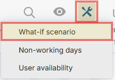 Resource Management view with the tools (wrench) icon highlighted, showing the option to create a What-If Scenario