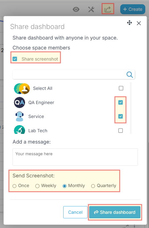 Dashboard sharing interface, showing options to add team members or groups, set link validity, and configure read-only permissions