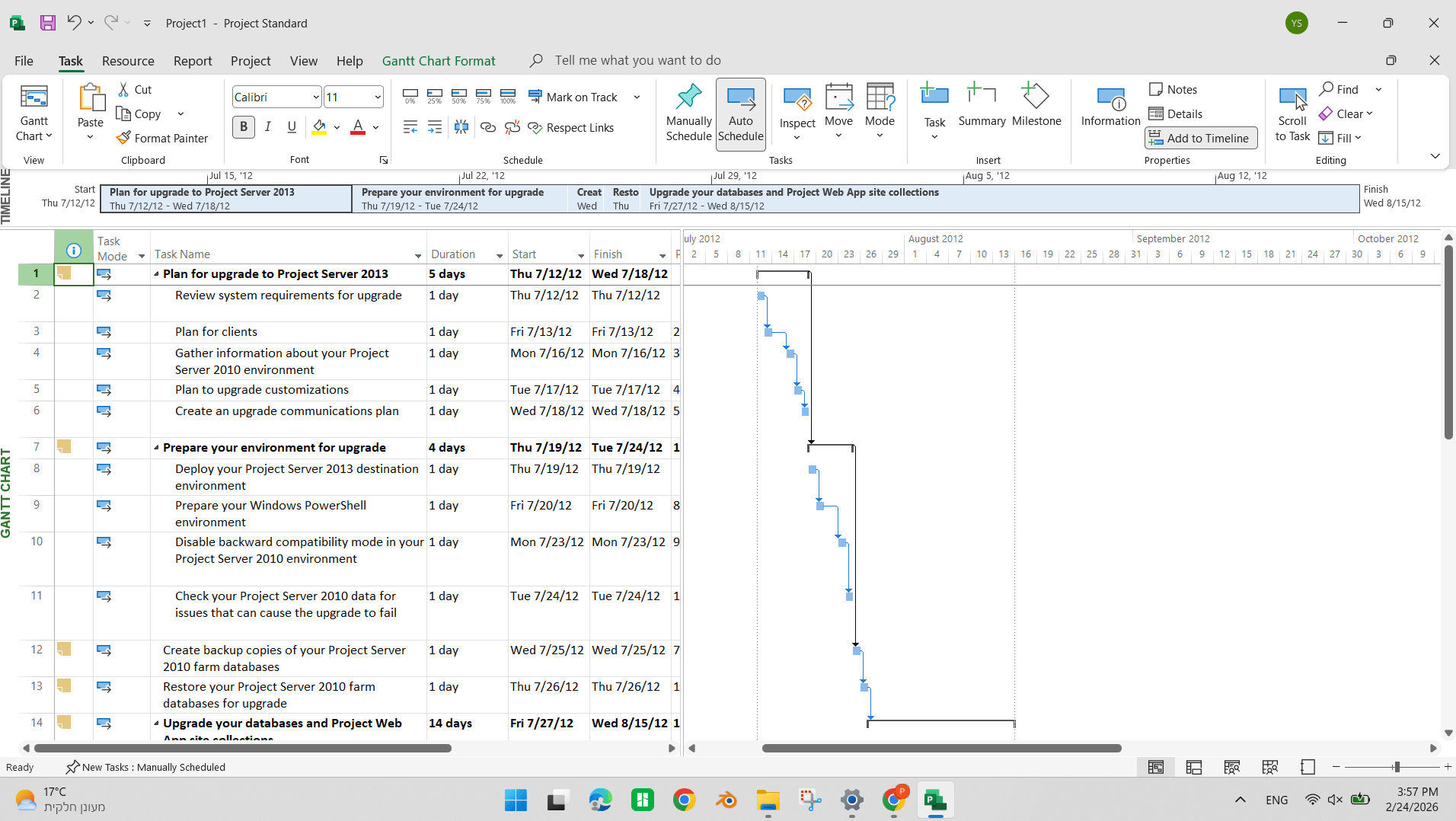 Microsoft Project interface showing the main project view with tasks and Gantt chart