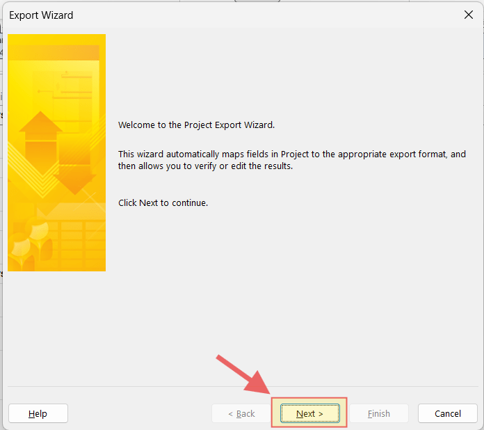 MS Project Export Wizard welcome screen with Next button
