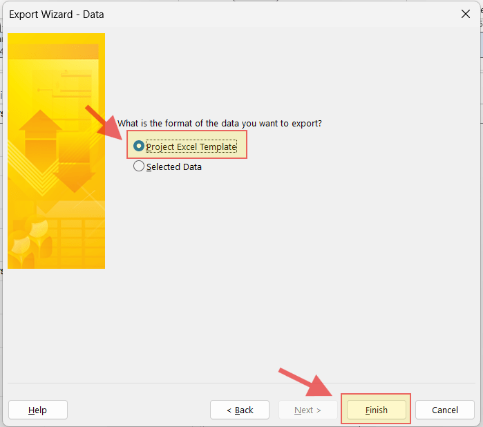 MS Project Export Wizard showing Project Excel Template option selected with Finish button