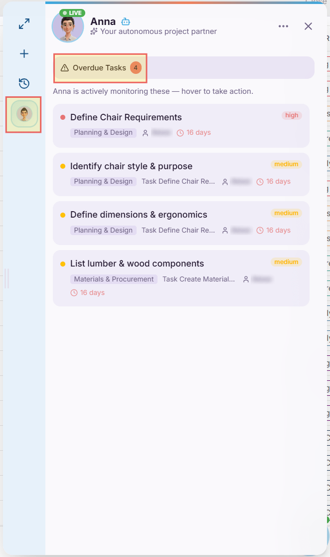 Agent Center showing Overdue Tasks tab with list of overdue items including task name, priority, workstream, assignee, and days overdue