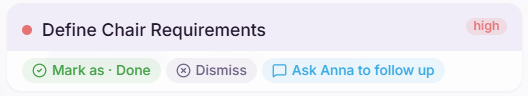 Hover menu showing three options: Let Anna handle, Dismiss, and Mark as Done